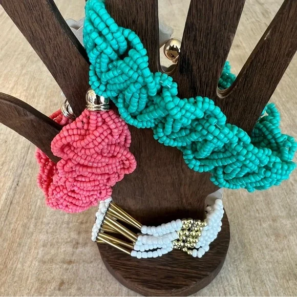 Beaded Bracelets teal peach white gold stretch clasp adjustable - Picture 3 of 10